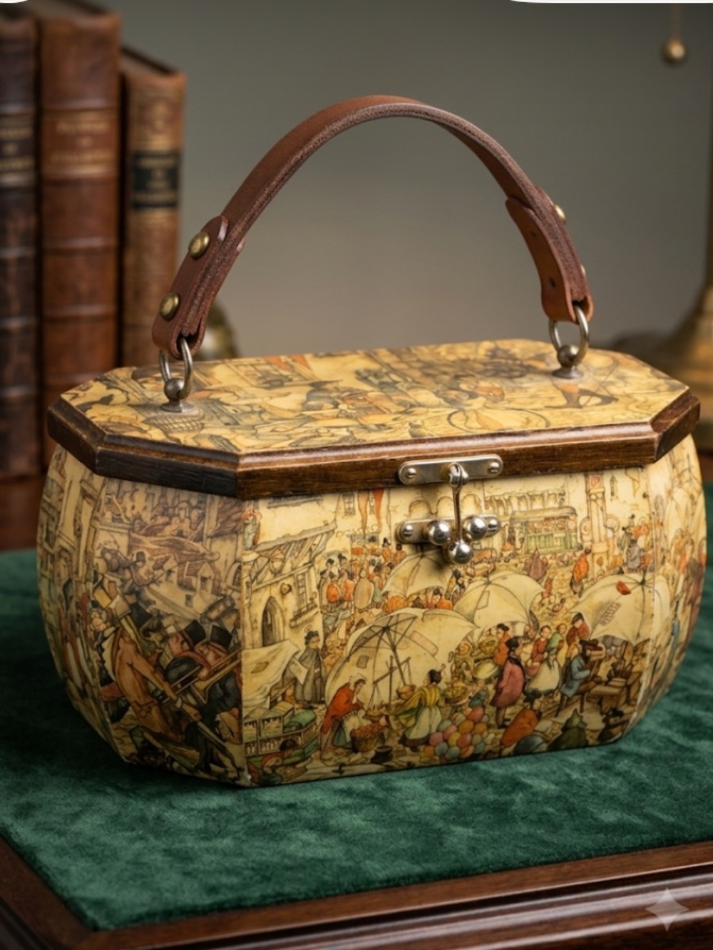 Vintage-Anton Pieck Leather Top-Handle Box Bag in Brown and Cream